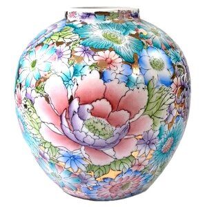 Fine Chinese Porcelain Thousand Flowers Gold Leaf Large Ovoid Ginger Jar Vase 9"